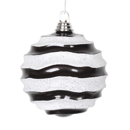 Vickerman 6" Black and White Stripe Candy Finish Wave Ball Christmas Ornament with Glitter Accents