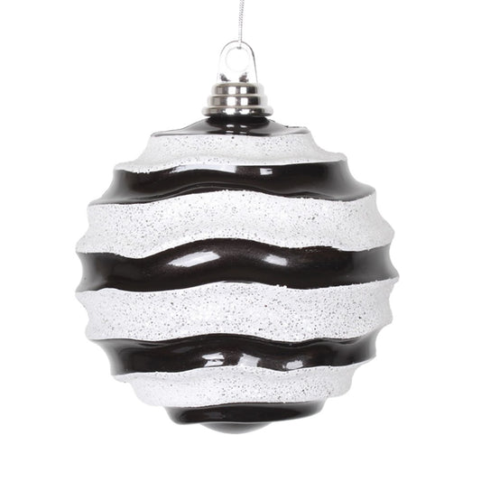 Vickerman 6" Black and White Stripe Candy Finish Wave Ball Christmas Ornament with Glitter Accents