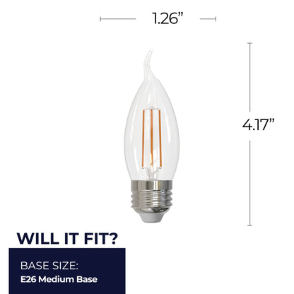 Bulbrite 862082 LED Filament Pack of (4) 5 Watt Dimmable CA10 Light Bulb with Clear Glass Finish and Medium (E26) Base - 2700K (Warm White Light), 500 Lumens