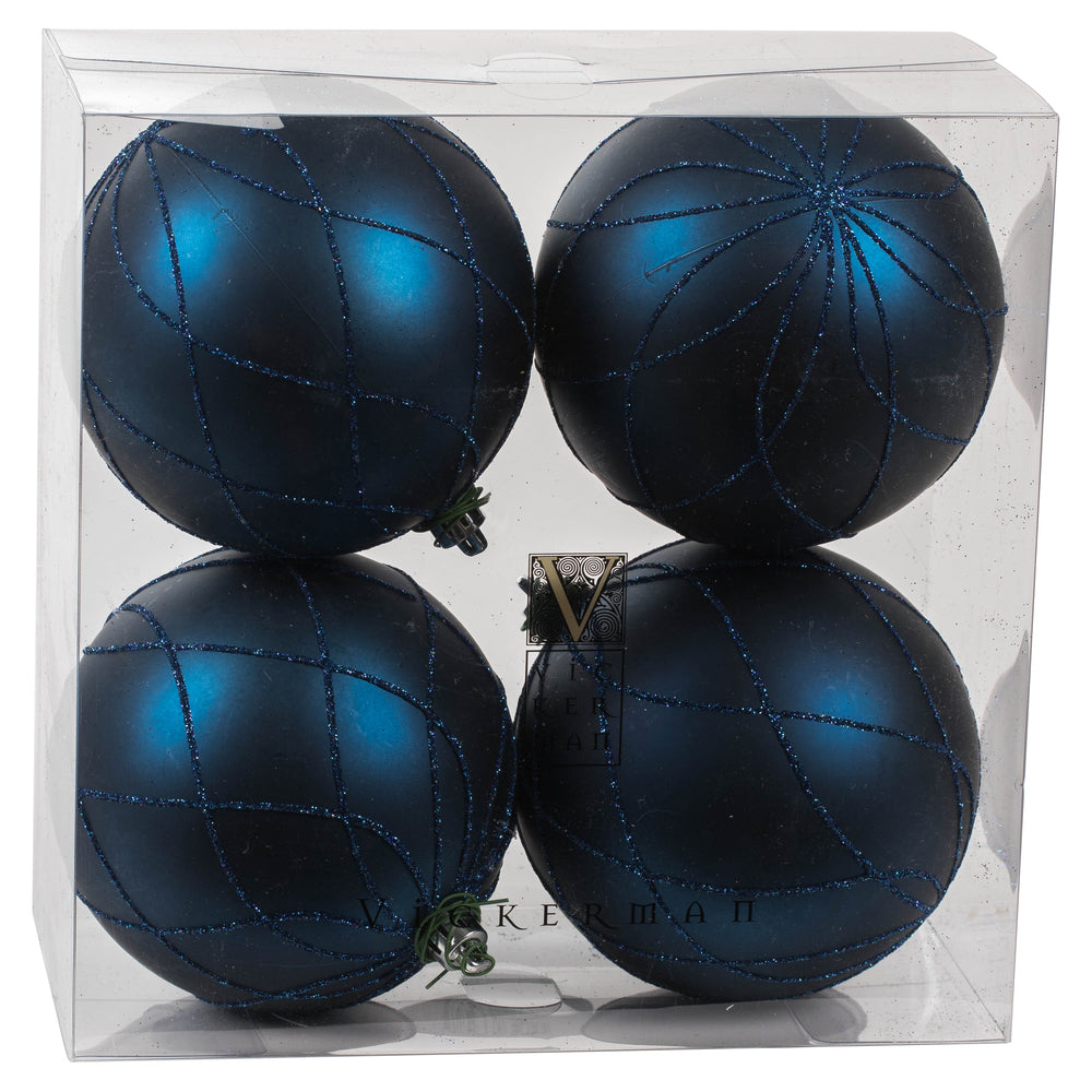 Vickerman 4" Midnight Blue Matte Glitter Swirl Ball 4 per set