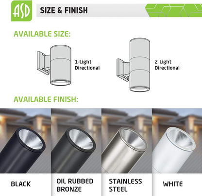 ASD Lighting LED Round Outdoor Wall Cylinder Up and Down 18W 3000K Stainless Steel cETLus