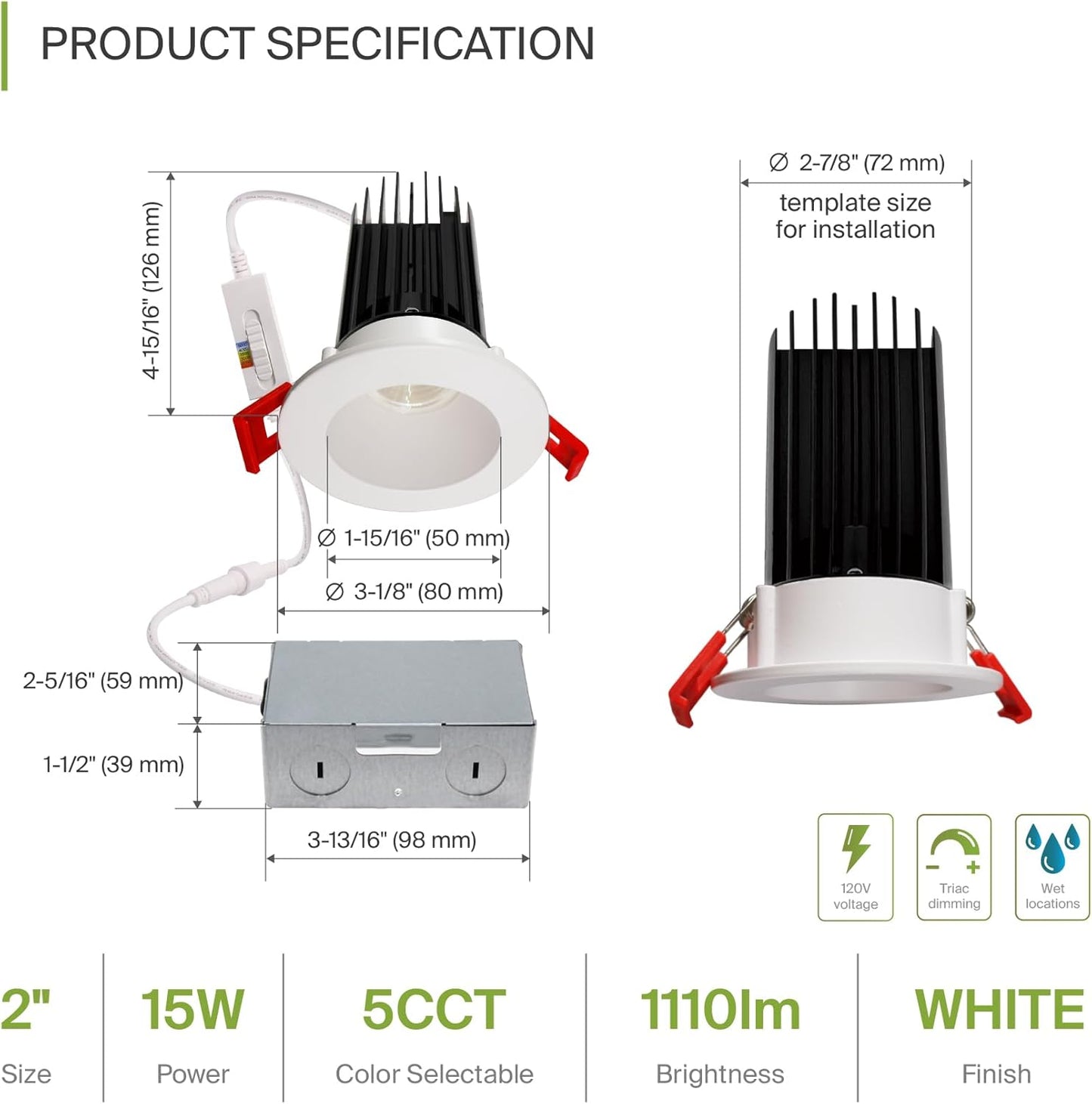 ASD Lighting LED Downlight Round 2inch 15W 120V Triac 2700/3000/3500/4000/5000K White ETL Energy Star