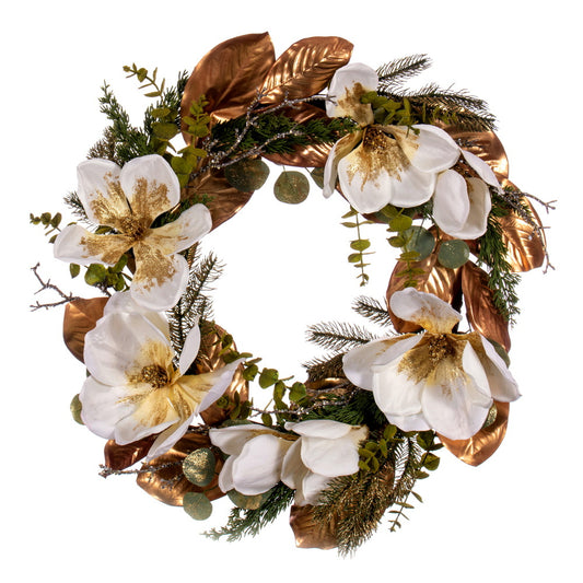 Vickerman 30" White Artificial Magnolia Wreath.