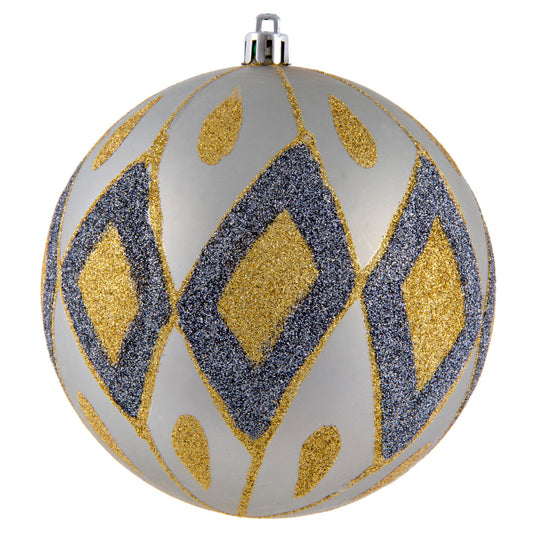 Vickerman 4.75" Limestone Matte Ball with Glitter Diamond Pattern. Add variety and sparkle to your holiday arrangement with this matte ornament that features a glitter pattern. Includes 4 pieces per bag. Made with shatterproof plastic. Ornament has a dril