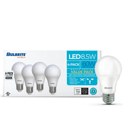 Bulbrite 774249 8.5W LED A19 60W EQUIV BASICS NON-DIMMABLE 4000K E26 120V - 4PK