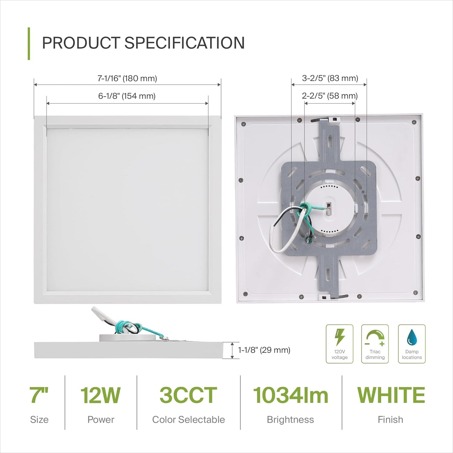 ASD Lighting LED Square Surface Mini Panel 7" 12W CCT Selectable 3000/4000/5000K Dimmable White ETL 6pack