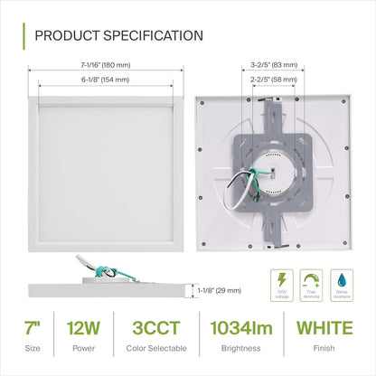 ASD Lighting LED Square Surface Mini Panel 7" 12W CCT Selectable 3000/4000/5000K Dimmable White ETL 6pack