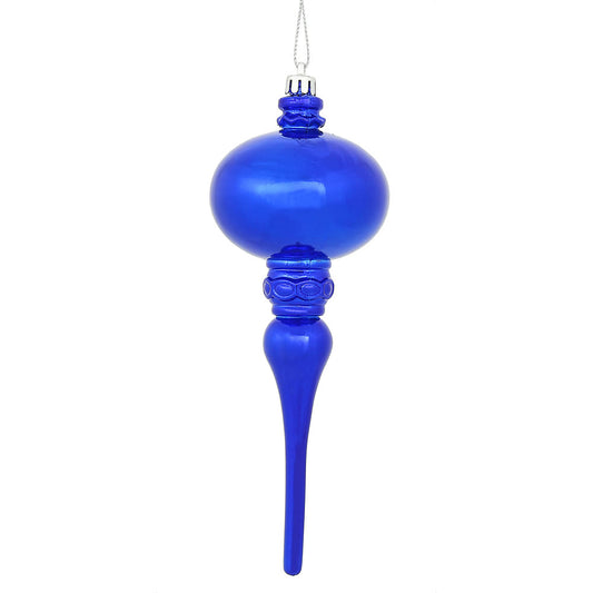 Vickerman 8" x 2.75" Cobalt Blue Shiny Finial Ornament with drilled and wired caps. Comes 3 per Bag.