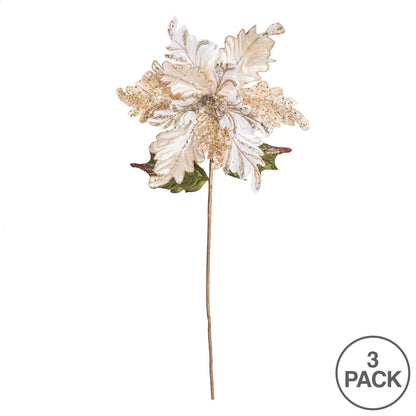 Vickerman 20" Gold Glitter Poinsettia Artificial Christmas Stem Pack of 3