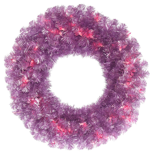 Vickerman 30" Artificial Violet Pine Wreath with 240 PVC tips and 70 Dura-Lit® LED Pink Mini Lights