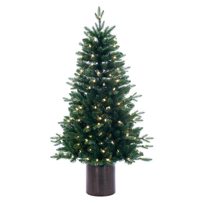 Vickerman 4.5' x 30" Potted Spruce Artificial Slim Pre-Lit Christmas Tree in Brown Tin Container with 120 Dura-Lit® Warm White Mini Lights, 499 Realistic PE/PVC Tips, Step On/Off Foot Pedal Switch and Folding Metal Tree Stand