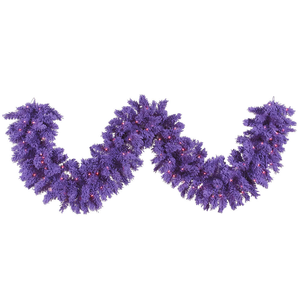Vickerman 9' Flocked Purple Artificial Christmas Garland Purple Dura-Lit LED lights.