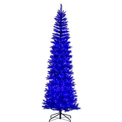 Vickerman 6.5' x 28" Blue Pencil Artificial Pre-Lit Christmas Tree with 400 Dura-Lit® Warm White LED Mini Lights. It measures 78 inches tall, and 28 inches wide, which is considered a pencil profile. This tree boasts 712 tips for a realistic look. Pre-lit