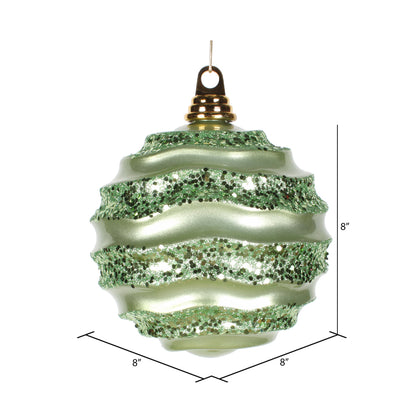 Vickerman 8' Celadon Stripe Candy Finish Wave Ball Christmas Ornament with Glitter Accents