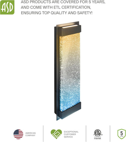 ASD Lighting LED Outdoor Wall Sconce 24 22W 120-277V CCT Selectable 3000/4000/5000K Dimmable Clear Seeded Glass, Black ETL