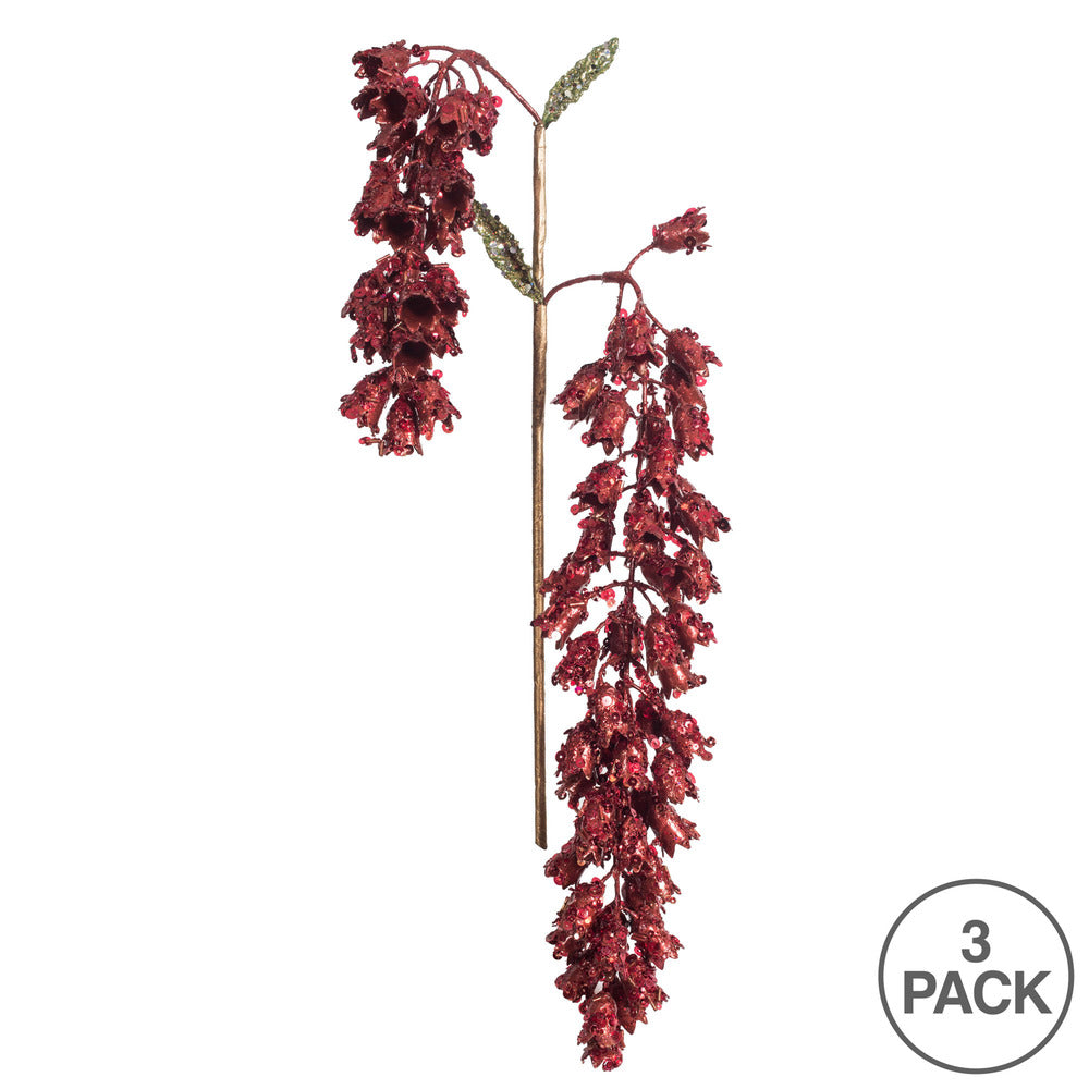 Vickerman 20" Red Pearl Glitter Hanging Foxglove Artificial Christmas Spray. Includes 3 sprays per pack.
