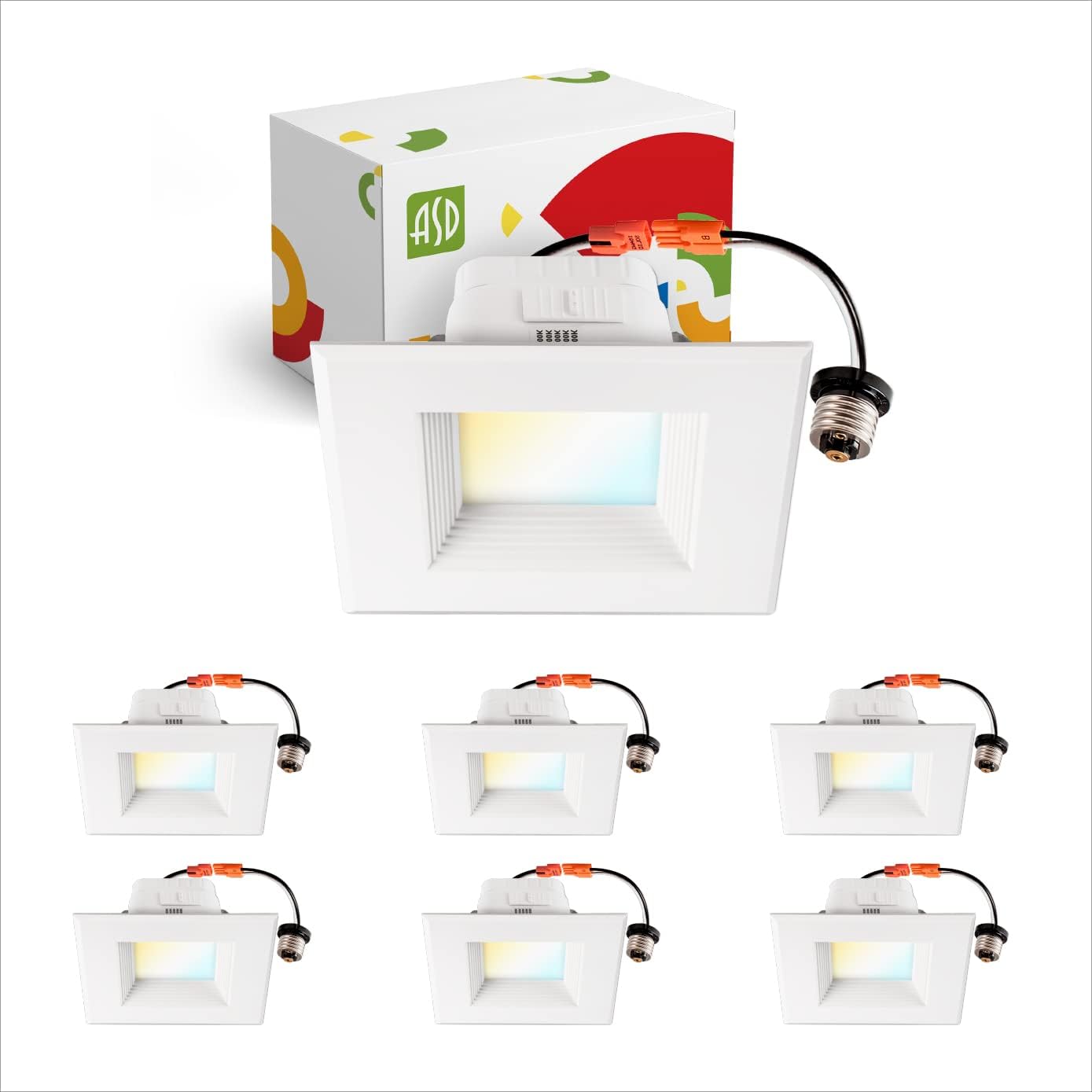 ASD Lighting LED Square Downlight Retrofit Kit 4" 8.6W 120V CCT Selectable 2700/3000/3500/4000/5000K Dimmable PC, Baffle Trim, White UL 6pack