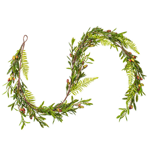 Vickerman 22" Artificial Green Olive Garland. Features green foliage with dark orange olives.