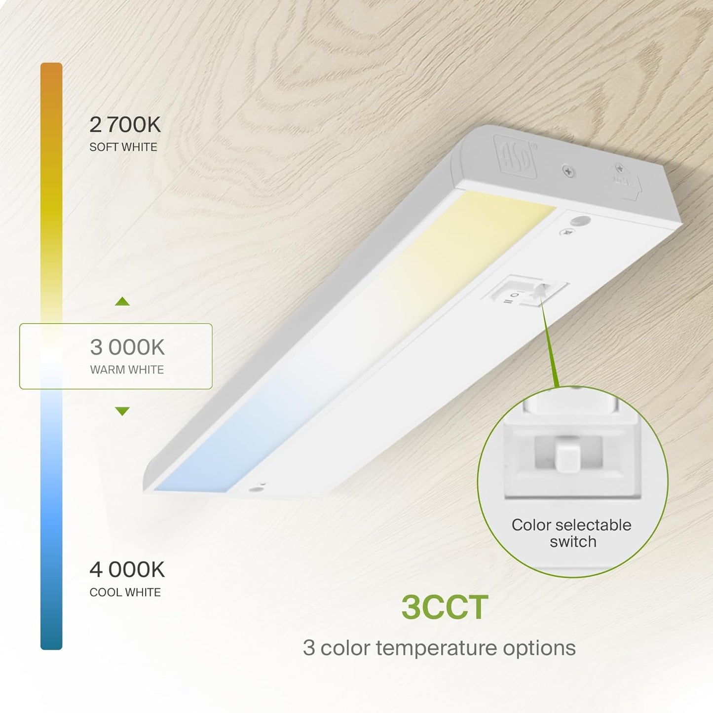 ASD Lighting LED Under Cabinet Linear 9" 3W 120V Dimmable CCT Selectable 2700/3000/4000K Hardwired or Plug-in, Linkable, Hi/Low Switch, White ETL Energy Star