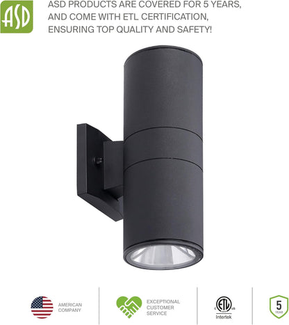 ASD Lighting BULB Round Outdoor Wall Cylinder with Photocell, Up and Downlight Fixture, 120V, 40W, 11.81", 50°, Black Finish, 2Pack