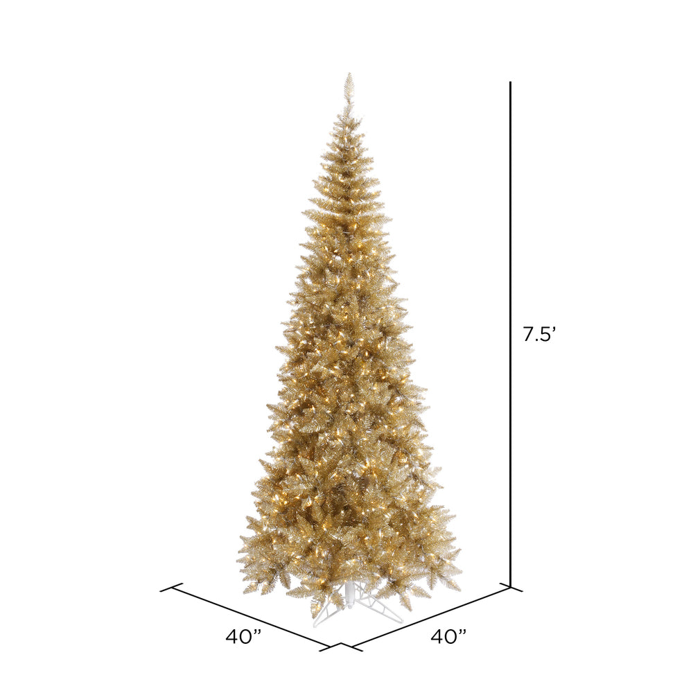 Vickerman 7.5' Champagne Tinsel Fir Slim Artificial Christmas Tree Warm White Dura-lit LED Lights