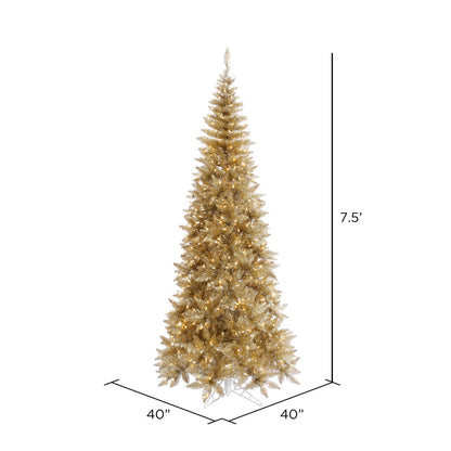 Vickerman 7.5' Champagne Tinsel Fir Slim Artificial Christmas Tree Warm White Dura-lit LED Lights