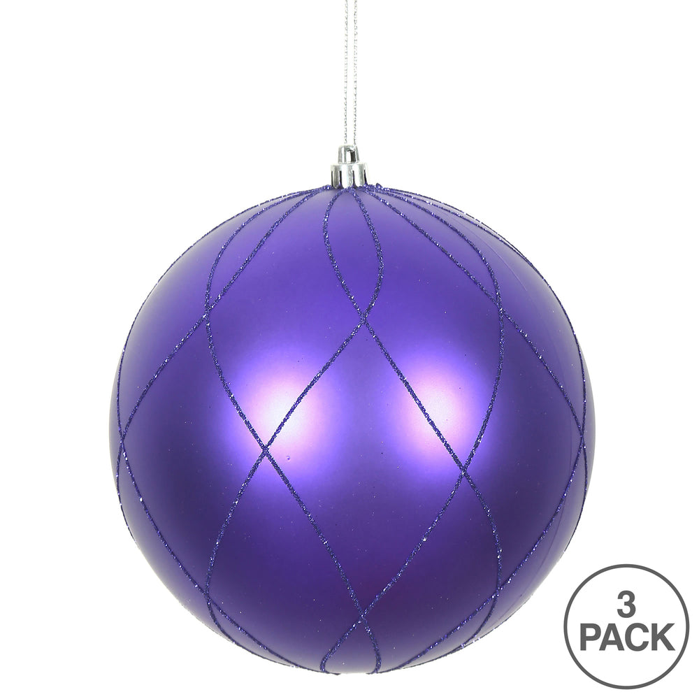 Vickerman 6" Purple Matte and Glitter Swirl Ball Ornament 3 per Box