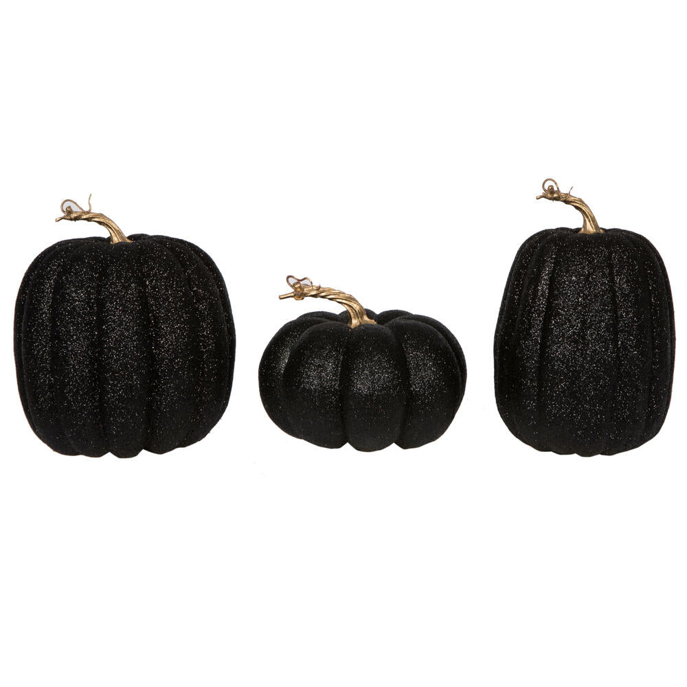 Vickerman 8" Black Pumpkins Set of 3. Three pieces assorted Fabric pumpkin with polystyrene inner.