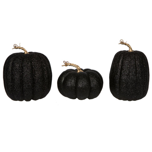 Vickerman 8" Black Pumpkins Set of 3. Three pieces assorted Fabric pumpkin with polystyrene inner.