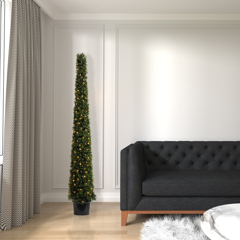 Vickerman 6' Potted Artificial Boxwood Cone with 200 Warm White LED Lghts.