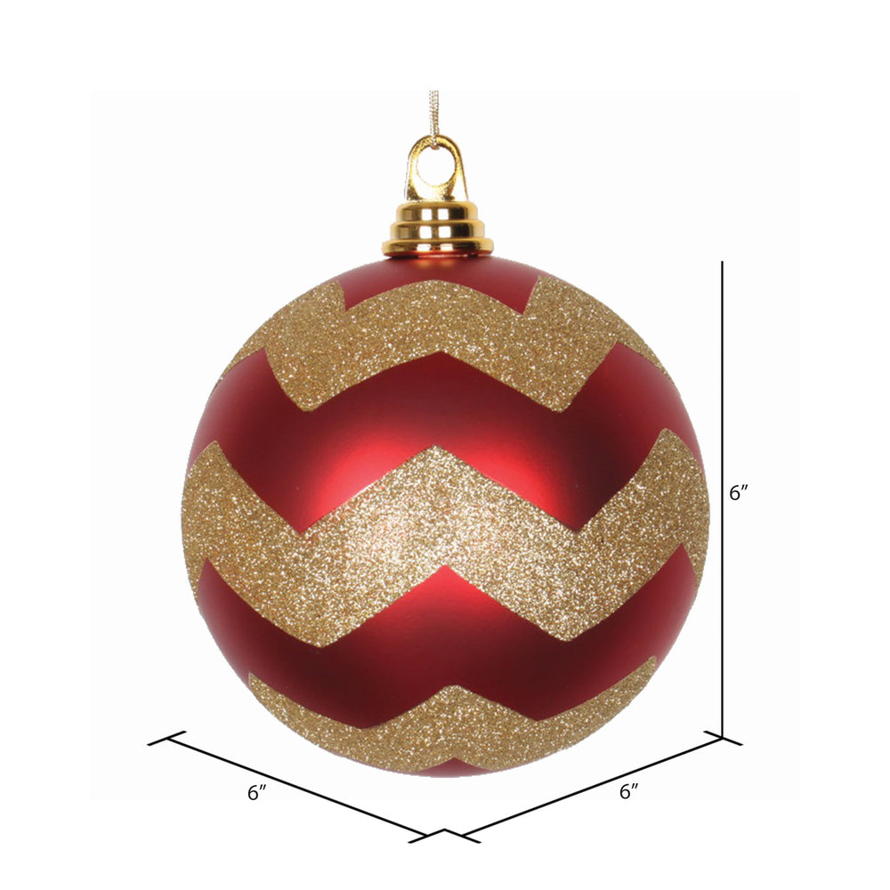 Vickerman 6" Red and Gold Matte Chevron Ball Christmas Ornament with Glitter Accents