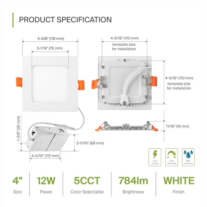 ASD Lighting LED Recessed Mini Panel Square 4inch 12W 120V Triac 2700/3000/3500/4000/5000K White UL Energy Star 6 pack
