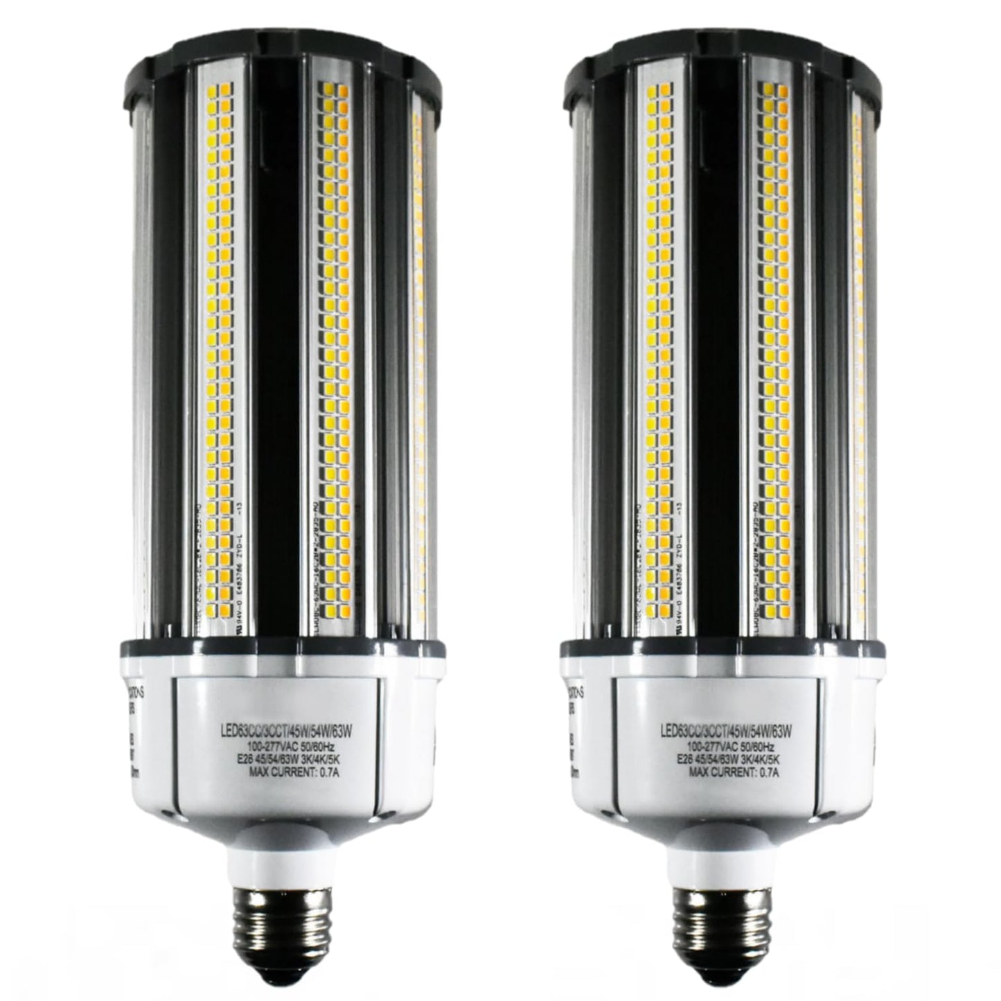 Damar- LED Corn Cob Post Top Bright Light Bulb Type B Ballast Bypass 45W /54W/63W E26 Medium Base 30K/40K/50K Color Selectable 6750/8100/9450 Lumens 120-277VAC Pack of 2- for Warehouse Garage Home