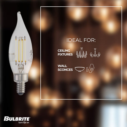 BULBRITE LED CA10 CANDELABRA SCREW (E12) 5W FULLY COMPATIBLE DIMMING FILAMENT LIGHT BULB 2700K/WARM WHITE 60W INCANDESCENT EQUIVALENT 4PK (776628)