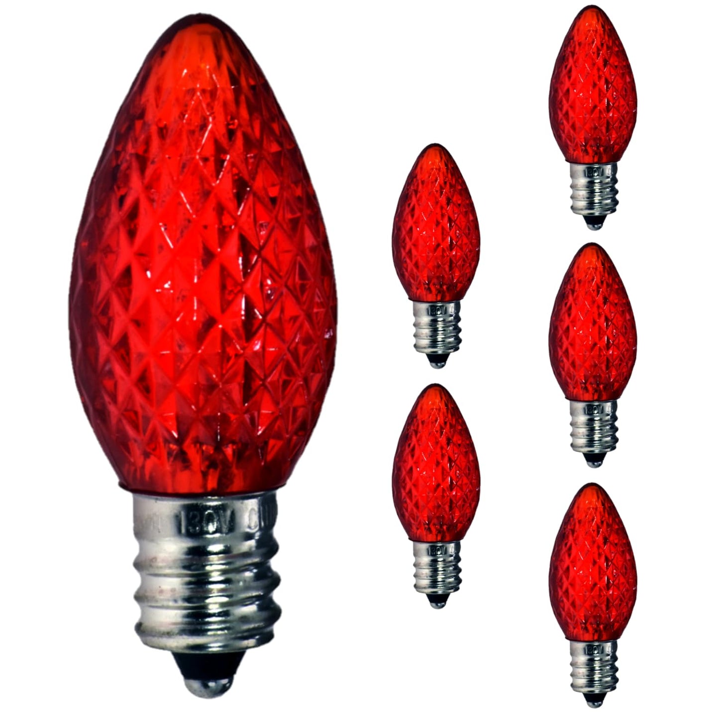 Damar- C7 LED Replacement Christmas Light Bulbs Transparent Faceted Red Color 0.96W E12 Candelabra Base 120V Dimmable Pack of 6- Shatterproof String Lights for Patio Holiday Party Decor Xmas Tree