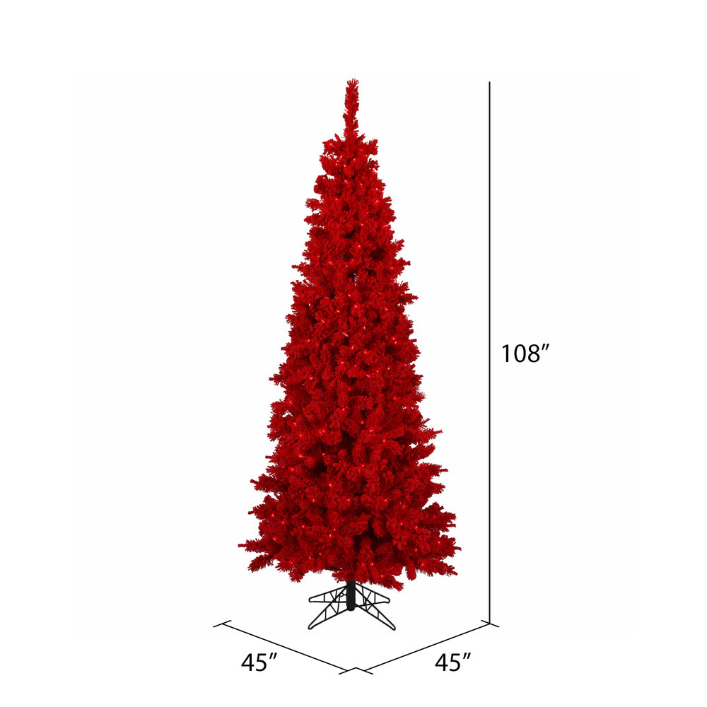 Vickerman 9' Flocked Red Slim Fir Artificial Christmas Tree Red Dura-lit LED Lights