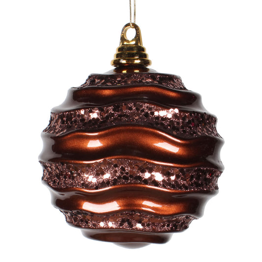 Vickerman 6" Chocolate Stripe Candy Finish Wave Ball Christmas Ornament with matching Glitter Accents