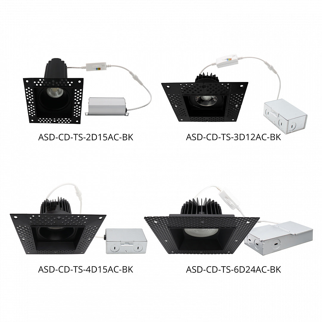ASD Lighting LED Trimless Downlight Square 6inch 24W 120V Triac 2700/3000/3500/4000/5000K Black ETL