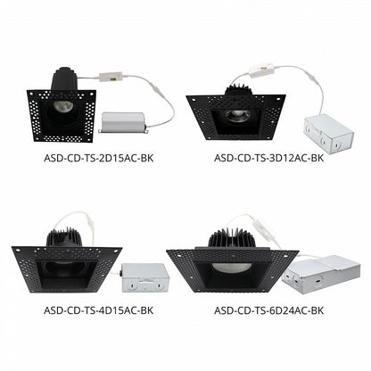 ASD Lighting LED Trimless Downlight Square 6inch 24W 120V Triac 2700/3000/3500/4000/5000K Black ETL