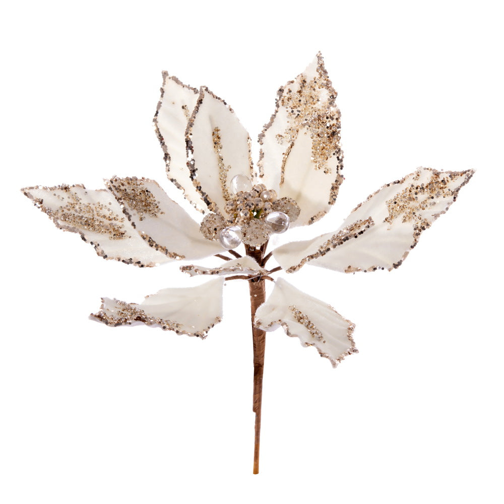 Vickerman 9" Artificial Champagne Double Sided Velvet Poinsettia Pick 2 per bag