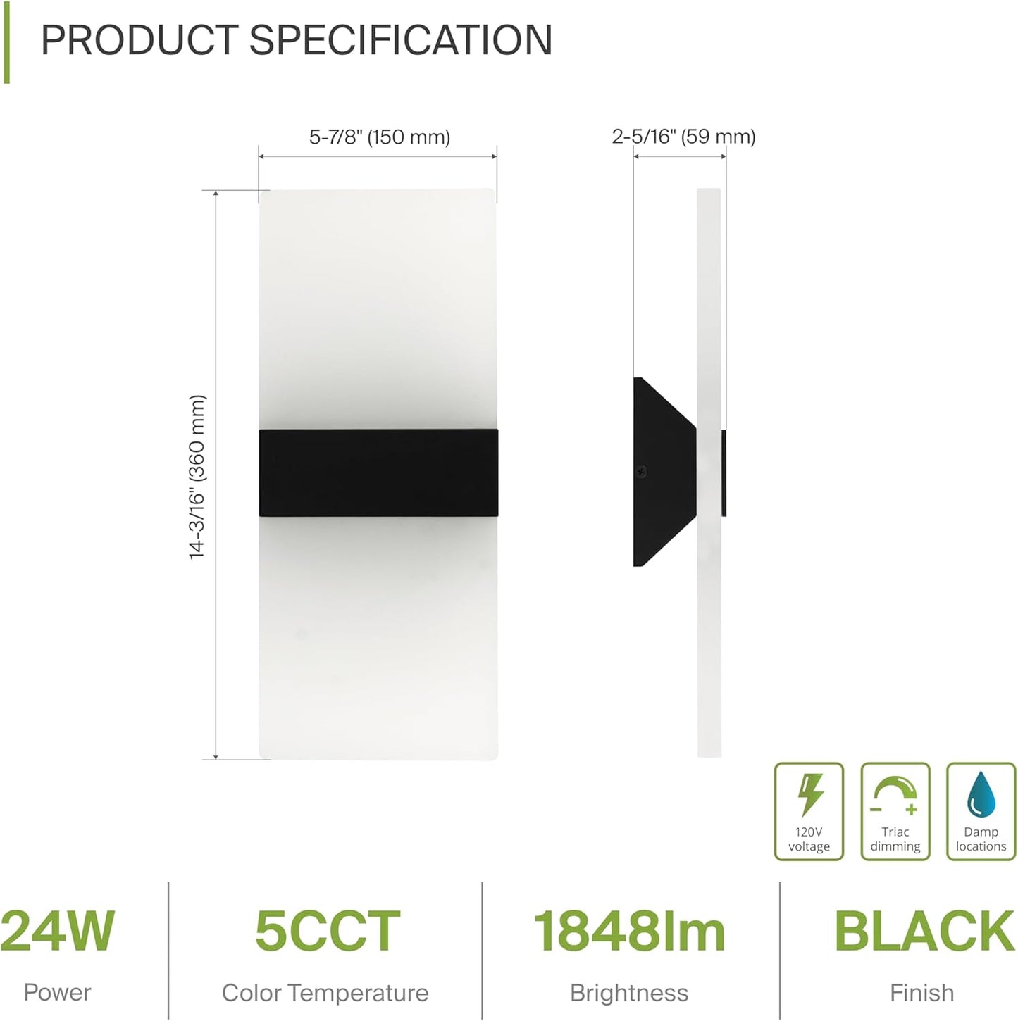 ASD Lighting LED Wall Sconce 24W 120V Triac 2700/3000/3500/4000/5000K Black ETL