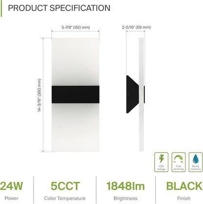 ASD Lighting LED Wall Sconce 24W 120V Triac 2700/3000/3500/4000/5000K Black ETL