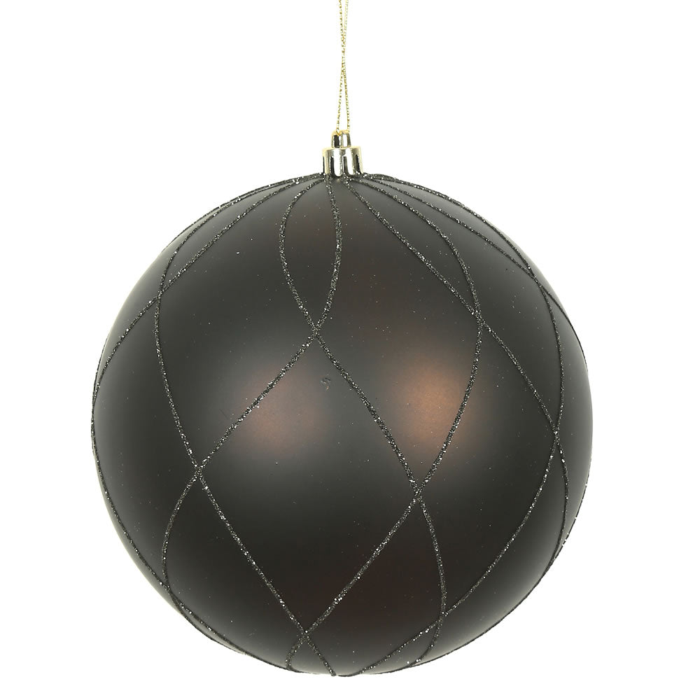 Vickerman 8" Chocolate Matte and Glitter Swirl Ball Ornament with drilled and wired caps.