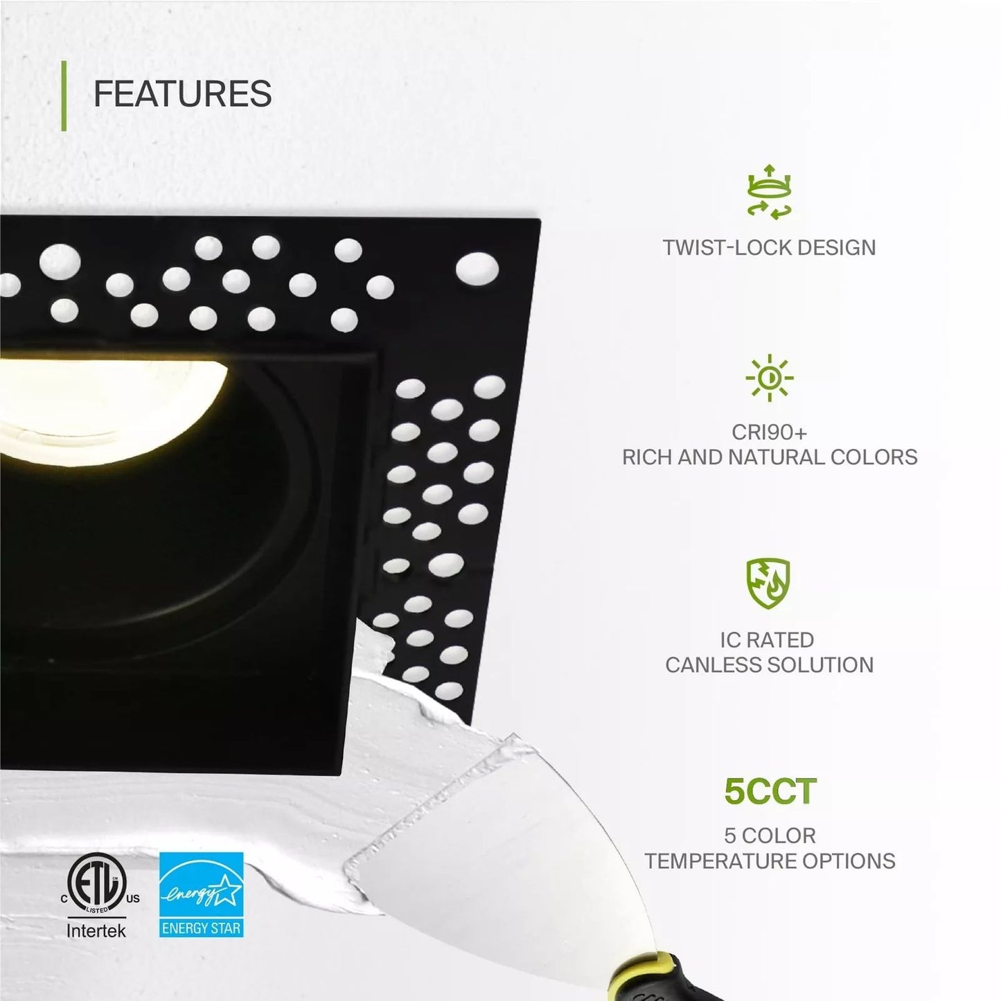 ASD Lighting LED Trimless Downlight Square 2inch 15W 120V Triac 2700/3000/3500/4000/5000K Black ETL Energy Star