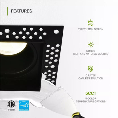 ASD Lighting LED Trimless Downlight Square 2inch 15W 120V Triac 2700/3000/3500/4000/5000K Black ETL Energy Star