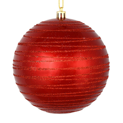 Vickerman 4" Red Candy Finish Ball Ornament with Glitter Lines 4 per Bag