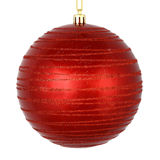 Vickerman 4" Red Candy Finish Ball Ornament with Glitter Lines 4 per Bag