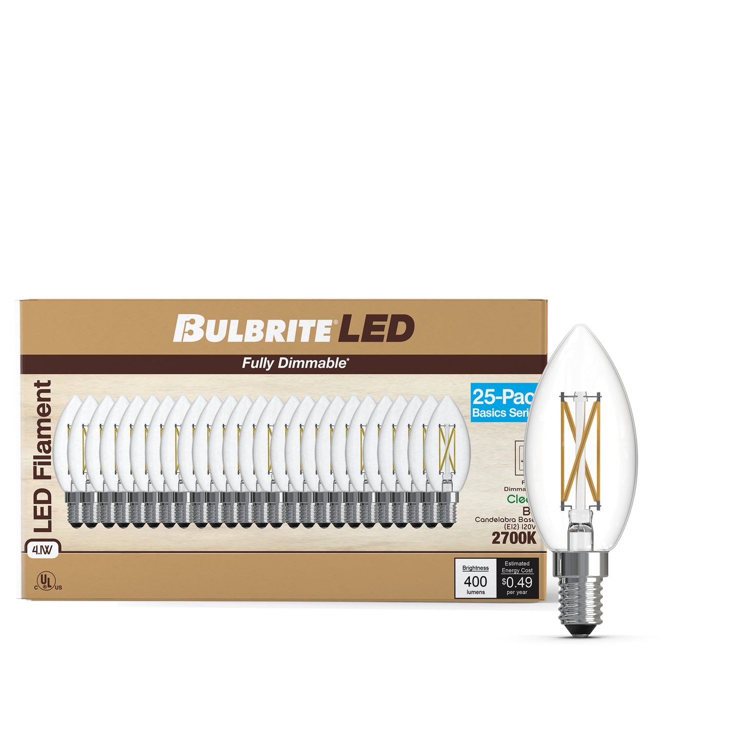 Bulbrite 776235 LED Filament Pack of 25, 4.1 Watt Dimmable B11 Light Bulb with Clear Finish and Candelabra Screw E12 Base - 2700K(Warm White Light), 400 lumens