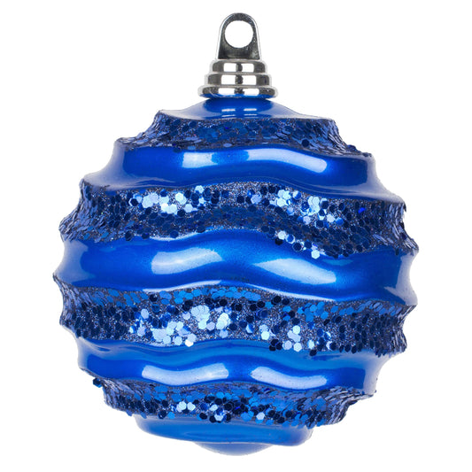 Vickerman 6" Blue Stripe Candy Finish Wave Ball Christmas Ornament with Glitter Accents