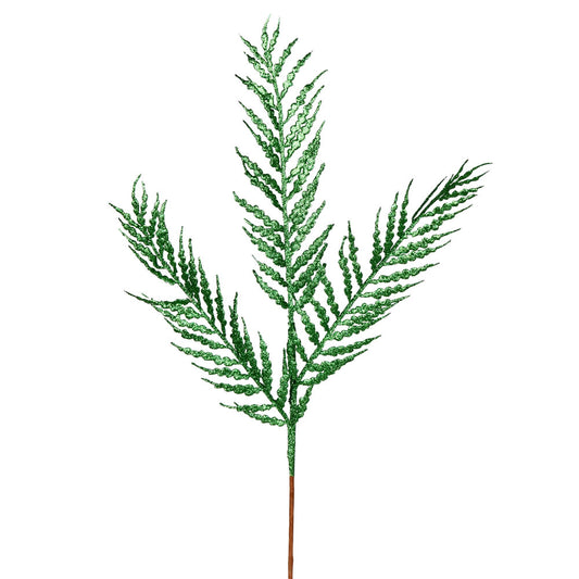 Vickerman 21" Green Glitter Feather Fern Artificial Christmas Spray. Includes 12 sprays per pack.